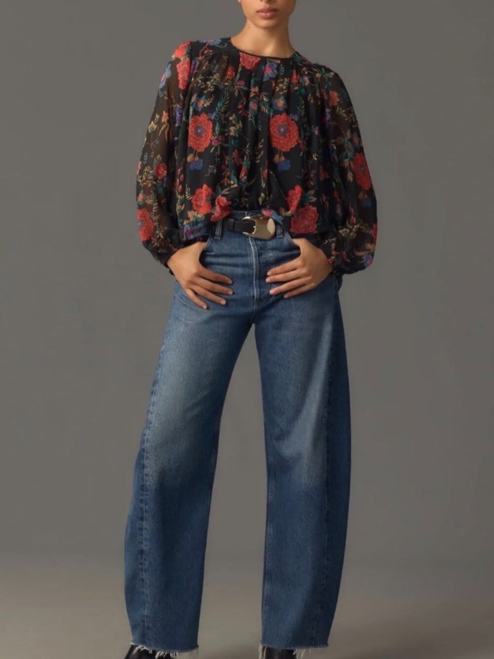 Maeve XL Black Floral Semi Shear Lined Long Sleeve Blouse EUC - Picture 3 of 9